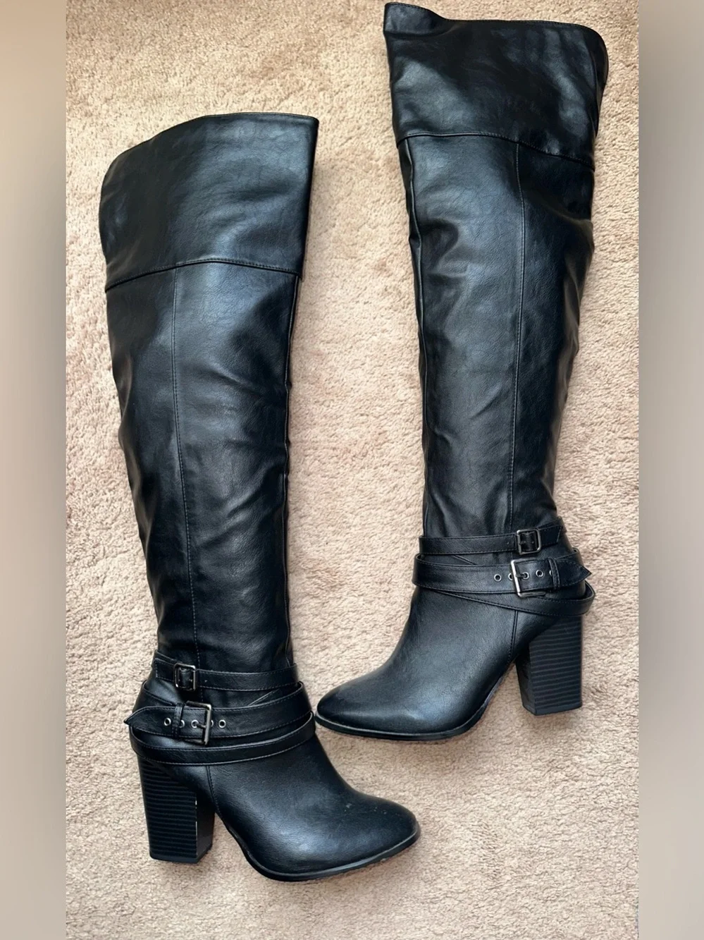 Charlotte Russe Black Over-the-Knee Block Heel Boots with Buckle Straps